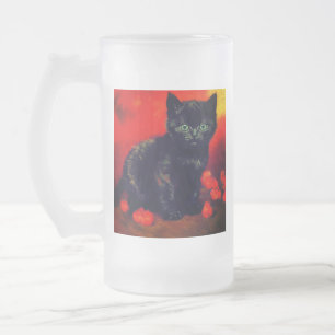 Van Gogh Black Kitten Frosted Glass Beer Mug