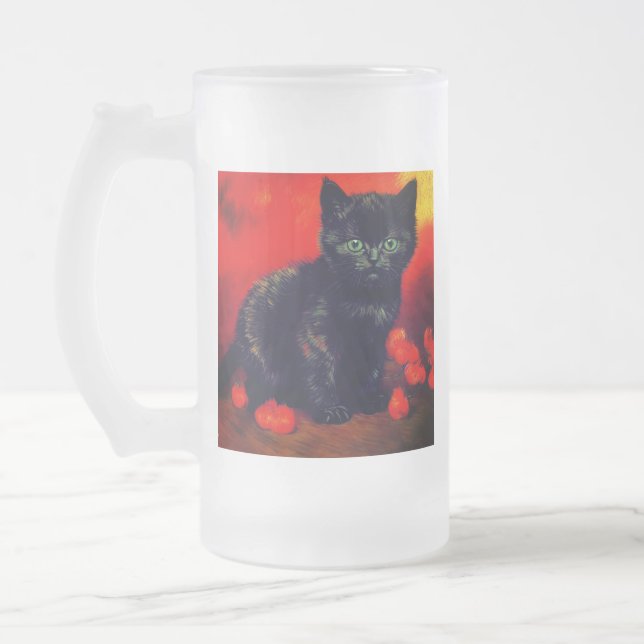 Van Gogh Black Kitten Frosted Glass Beer Mug (Left)