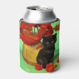 Van Gogh Black Kitten Red Flowers Can Cooler
