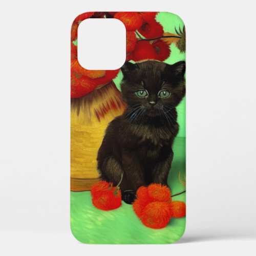Van Gogh Black Kitten Red Flowers iPhone 12 Case