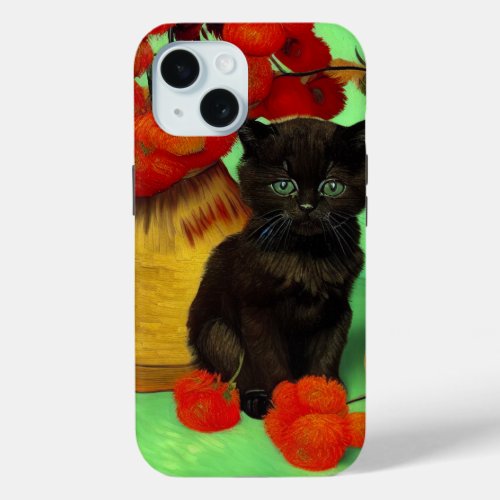 Van Gogh Black Kitten Red Flowers iPhone 15 Case