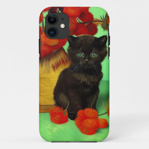 Van Gogh Black Kitten Red Flowers iPhone 11 Case
