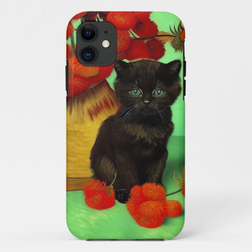 Van Gogh Black Kitten Red Flowers iPhone 11 Case