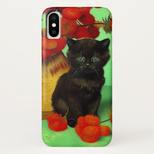 Van Gogh Black Kitten Red Flowers iPhone X Case