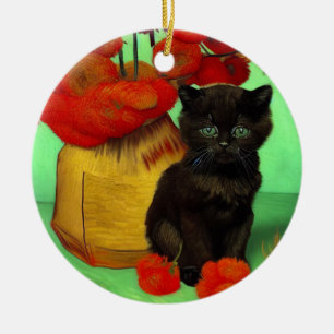 Van Gogh Black Kitten Red Flowers Ceramic Ornament