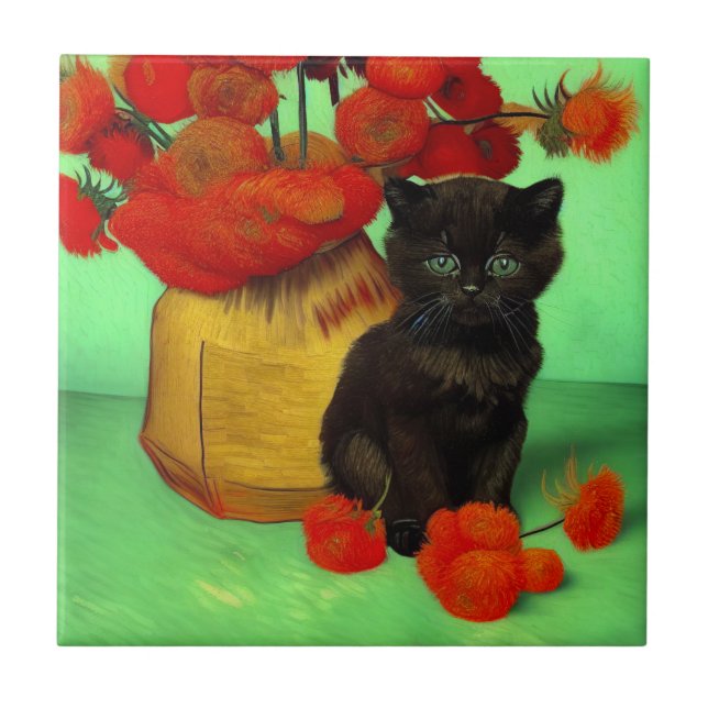 Van Gogh Black Kitten Red Flowers Ceramic Tile (Front)