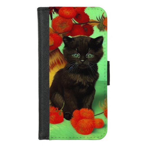 Van Gogh Black Kitten Red Flowers iPhone 87 Wallet Case