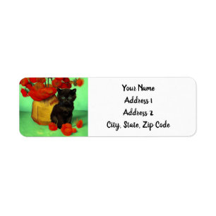 Van Gogh Black Kitten Red Flowers Label