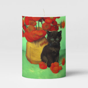 Van Gogh Black Kitten Red Flowers Pillar Candle