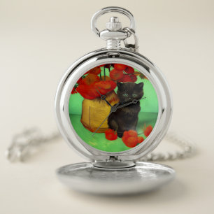 Van Gogh Black Kitten Red Flowers Pocket Watch