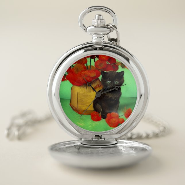 Van Gogh Black Kitten Red Flowers Pocket Watch (Inside)