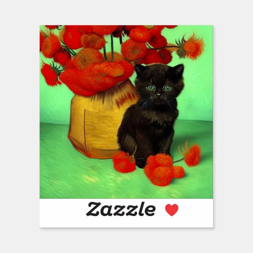 Van Gogh Black Kitten Red Flowers Sticker