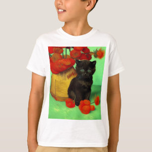 Van Gogh Black Kitten Red Flowers T-Shirt