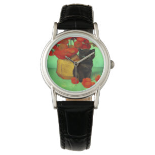 Van Gogh Black Kitten Red Flowers Watch