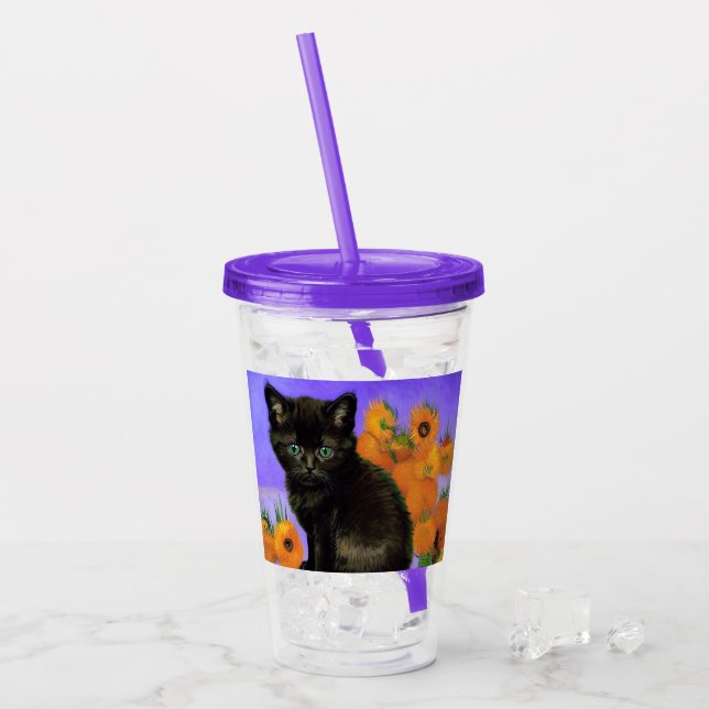 Van Gogh Black Kitten with Sunflowers Acrylic Tumbler (Front Ice)