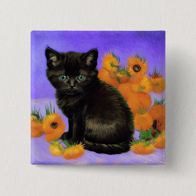 Van Gogh Black Kitten with Sunflowers Button (Front)