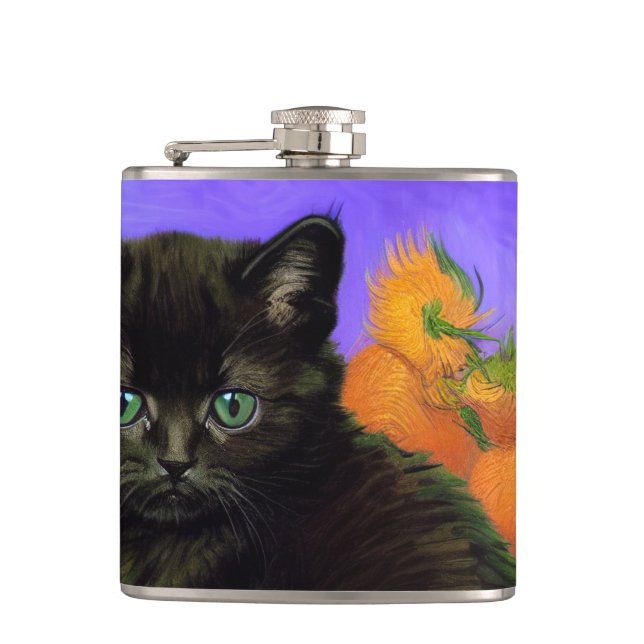 Van Gogh Black Kitten with Sunflowers Flask (Front)