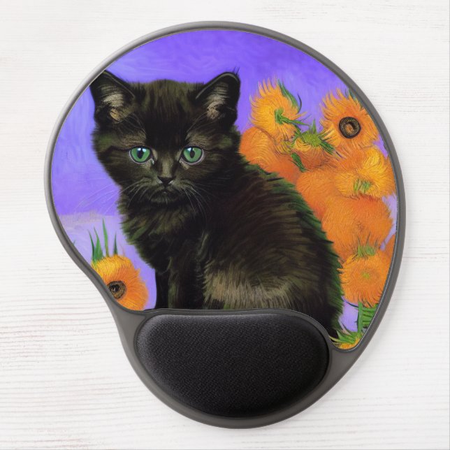 Van Gogh Black Kitten with Sunflowers Gel Mouse Pad (Front)