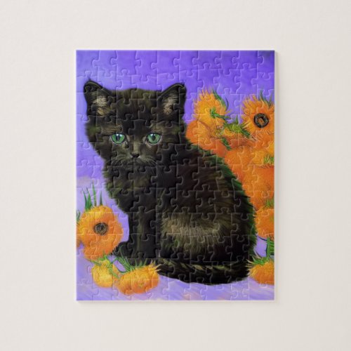 Van Gogh Black Kitten with Sunflowers Jigsaw Puzzle