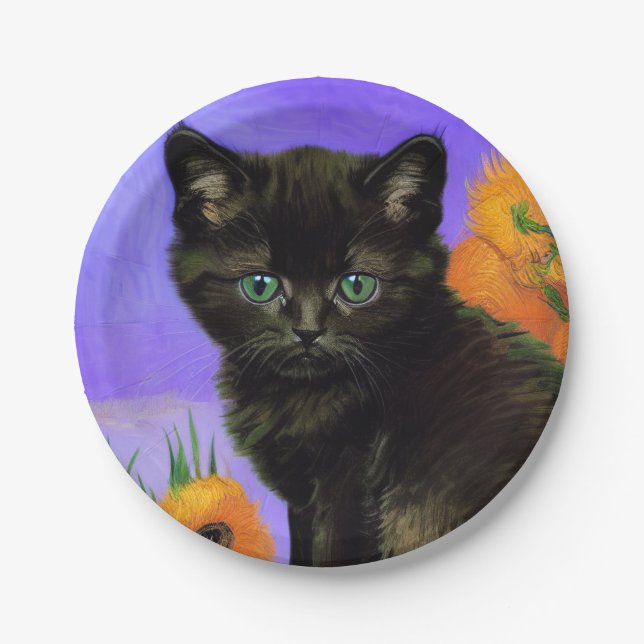Van Gogh Black Kitten with Sunflowers Paper Plates (Front)