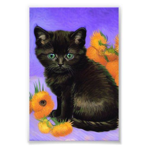 Van Gogh Black Kitten with Sunflowers Photo Print