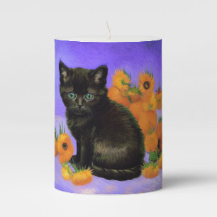 Van Gogh Black Kitten with Sunflowers Pillar Candle