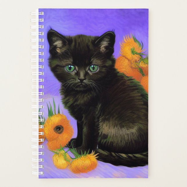 Van Gogh Black Kitten with Sunflowers Planner (Front)
