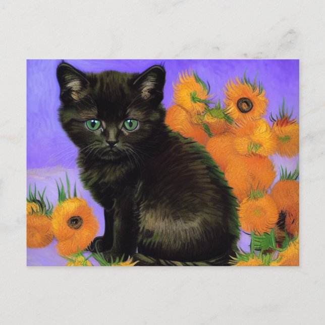 Van Gogh Black Kitten with Sunflowers Postcard (Front)