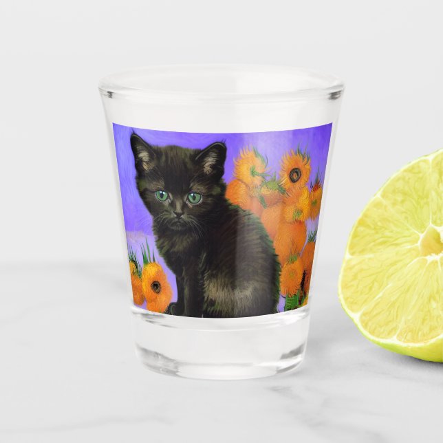 Van Gogh Black Kitten with Sunflowers Shot Glass (Front)