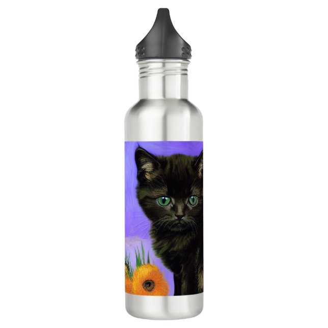 Van Gogh Black Kitten with Sunflowers Stainless Steel Water Bottle (Left)