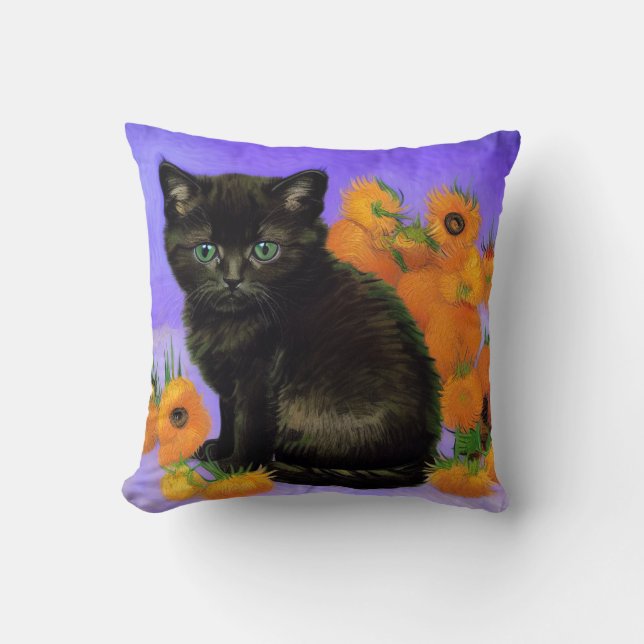 Van Gogh Black Kitten with Sunflowers Throw Pillow (Front)