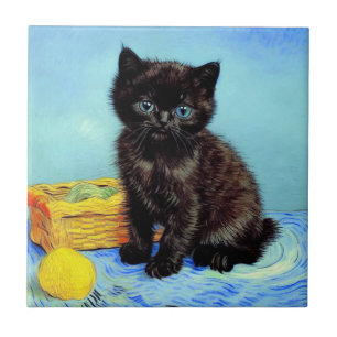 Van Gogh Black Kitten with Yarn Ceramic Tile