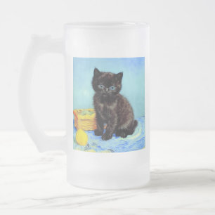 Van Gogh Black Kitten with Yarn Frosted Glass Beer Mug