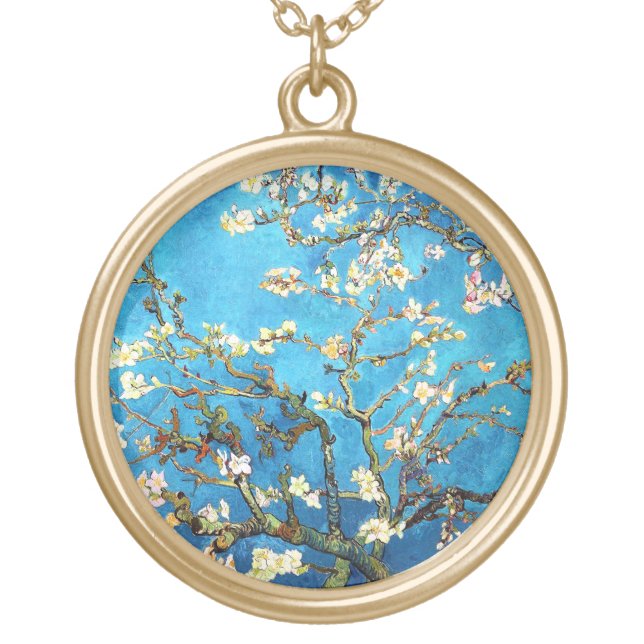 Van Gogh Blossoming Almond Tree Fine Art Gold Plated Necklace (Front)