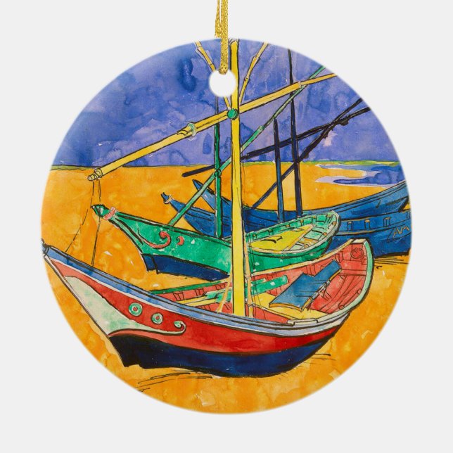 Van Gogh Boats Impressionism Beach Ceramic Ornament (Back)