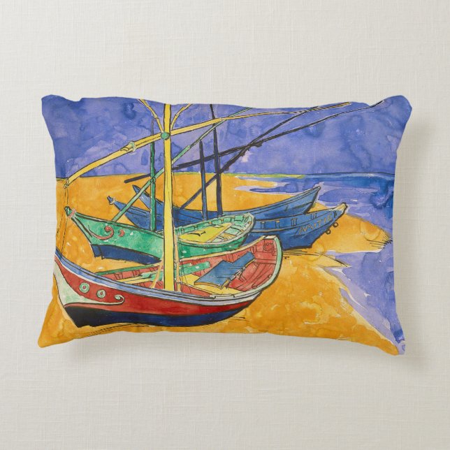 Van Gogh Boats Impressionism Beach Decorative Pillow (Back)