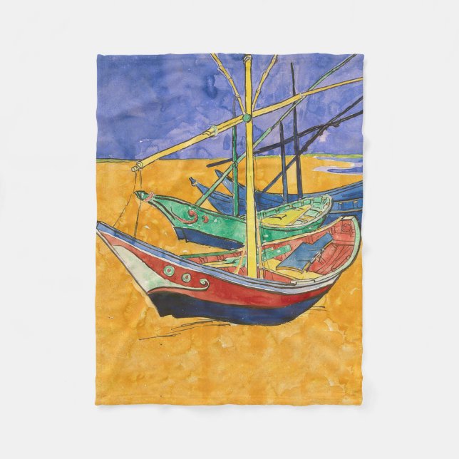 Van Gogh Boats Impressionism Beach Fleece Blanket (Front)