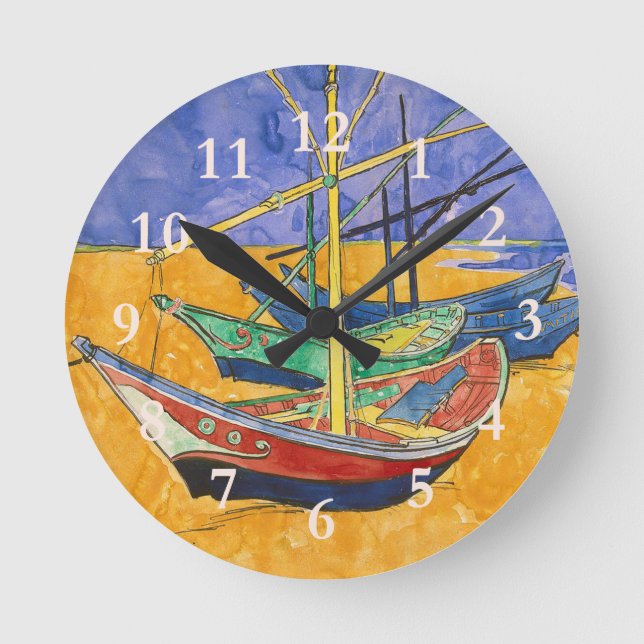Van Gogh Boats Impressionism Beach Round Clock (Front)