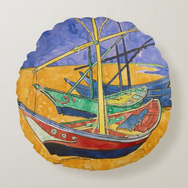 Van Gogh Boats Impressionism Beach Round Pillow (Front)