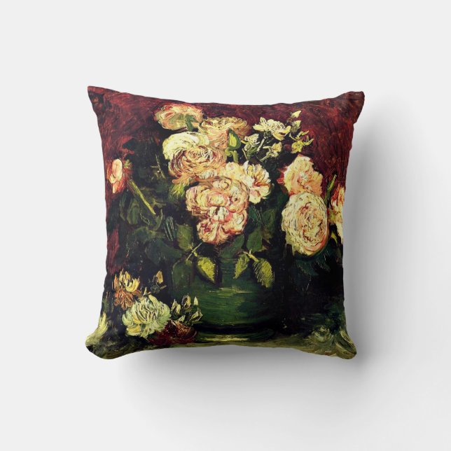 Van Gogh: Bowl with Peonies and Roses Throw Pillow (Front)