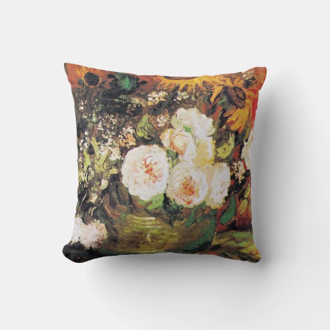 Van Gogh - Bowl with Sunflowers, Roses, and Others Throw Pillow (Front)