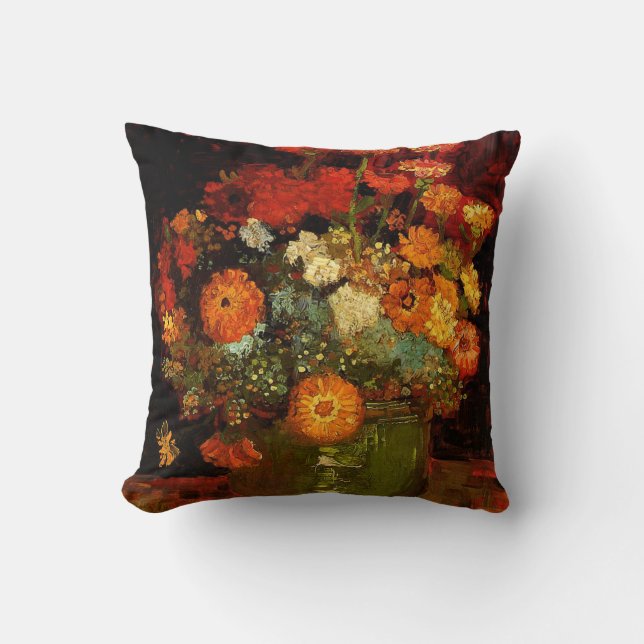 Van Gogh - Bowl with Zinnias Throw Pillow (Front)