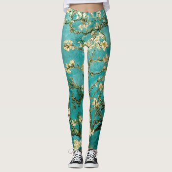 Van Gogh Bright Blue Green Floral Almond Tree Leggings by lazyrivergreetings at Zazzle
