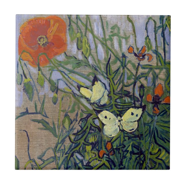Van Gogh Butterflies and Poppies, Floral Butterfly Ceramic Tile (Front)
