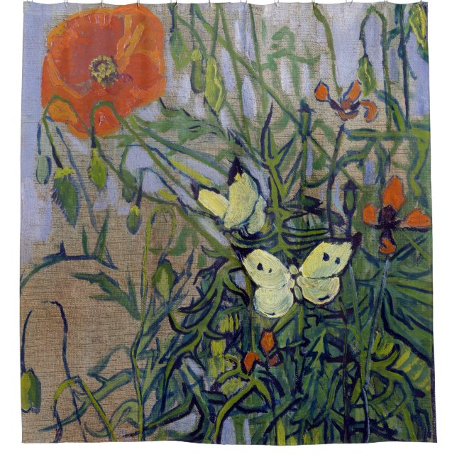 Van Gogh Butterflies and Poppies, Floral Butterfly Shower Curtain (Front)
