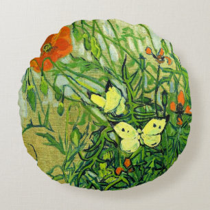 Van Gogh - Butterflies and Poppies Round Pillow