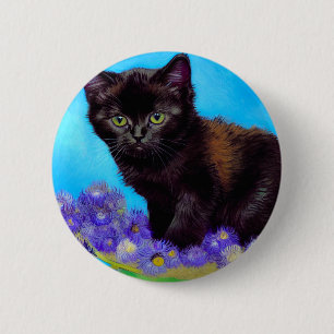 Van Gogh Cat and Flowers Button
