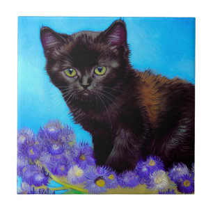 Van Gogh Cat and Flowers Ceramic Tile