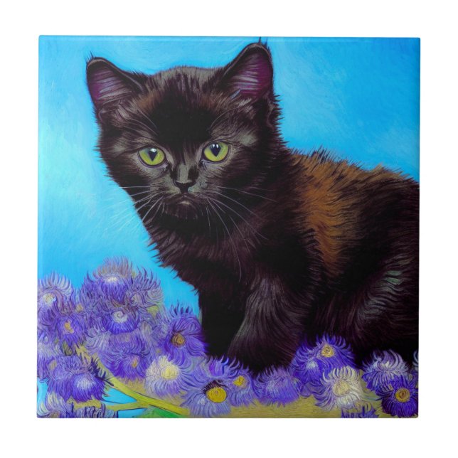 Van Gogh Cat and Flowers Ceramic Tile (Front)