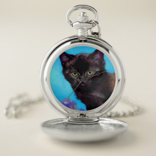 Van Gogh Cat and Flowers Pocket Watch